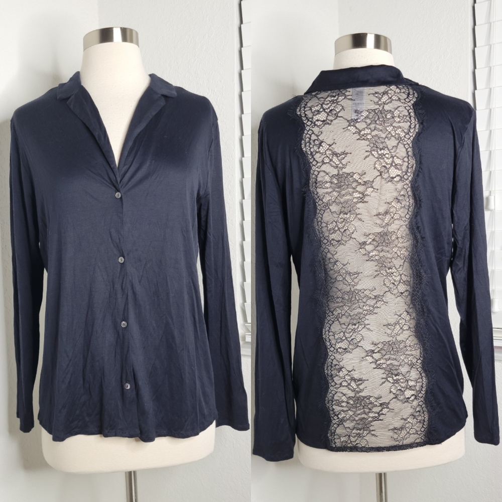HANRO Eyelash Lace Back Panel Shirt In Black S.